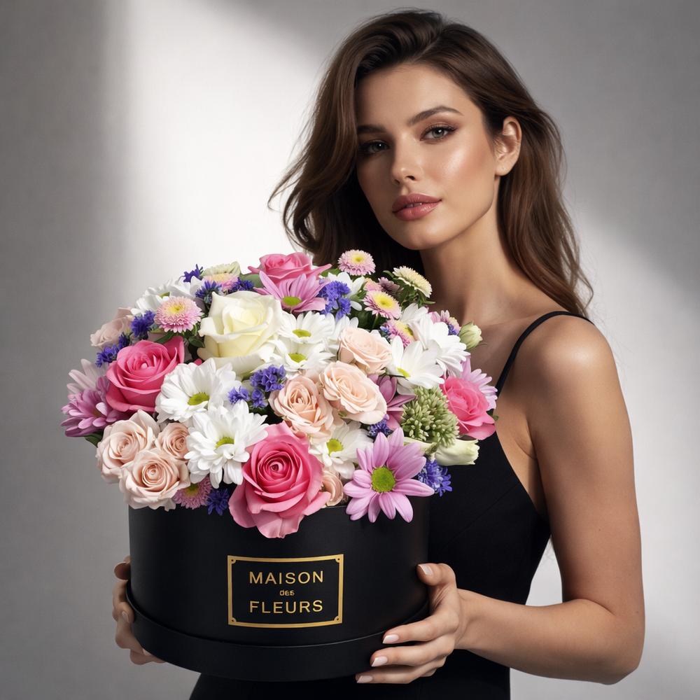 Летняя композиция цветов в подарочной коробке "Maison des Fleurs"