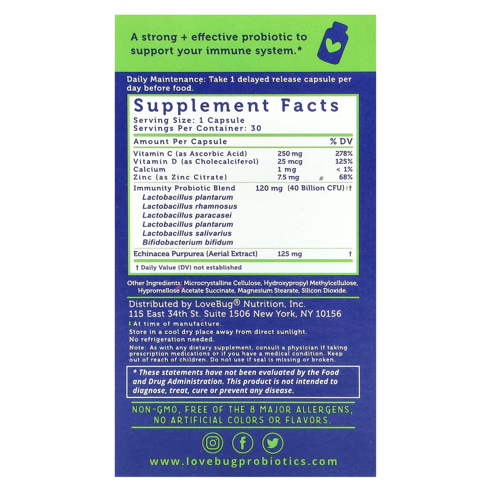 LoveBug Probiotics, Immune Support Probiotic™, пробиотик для ежедневного приема, 40 млрд КОЕ, 30 капсул