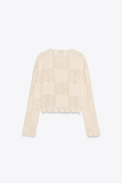 ZARA АЖУРНЫЙ ТРИКОТАЖНЫЙ КАРДИГАН, ЭКРЮ