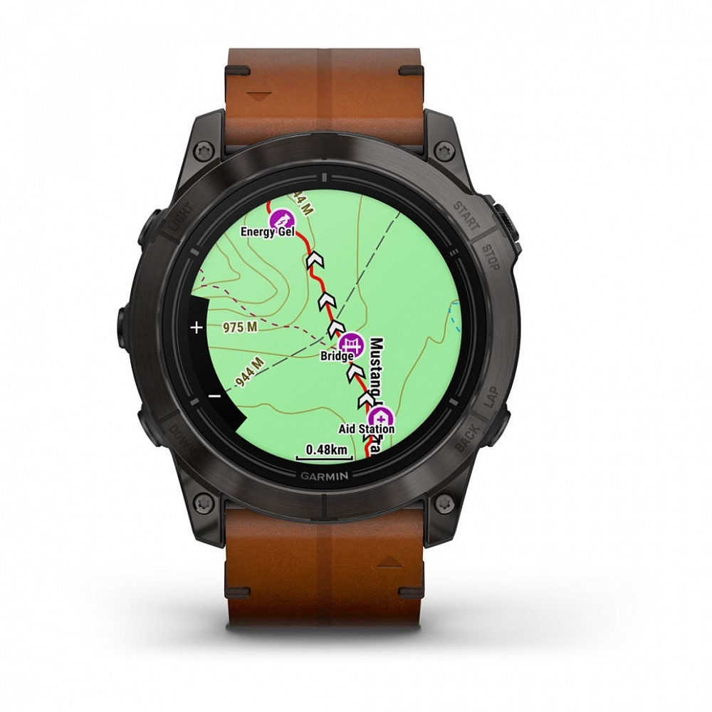 Смарт-часы Garmin EPIX Pro (Gen 2) Sapphire Edition 51 мм, титановый угольно-серый, DLC, коричневый кожаный ремешок, 010-02804-30