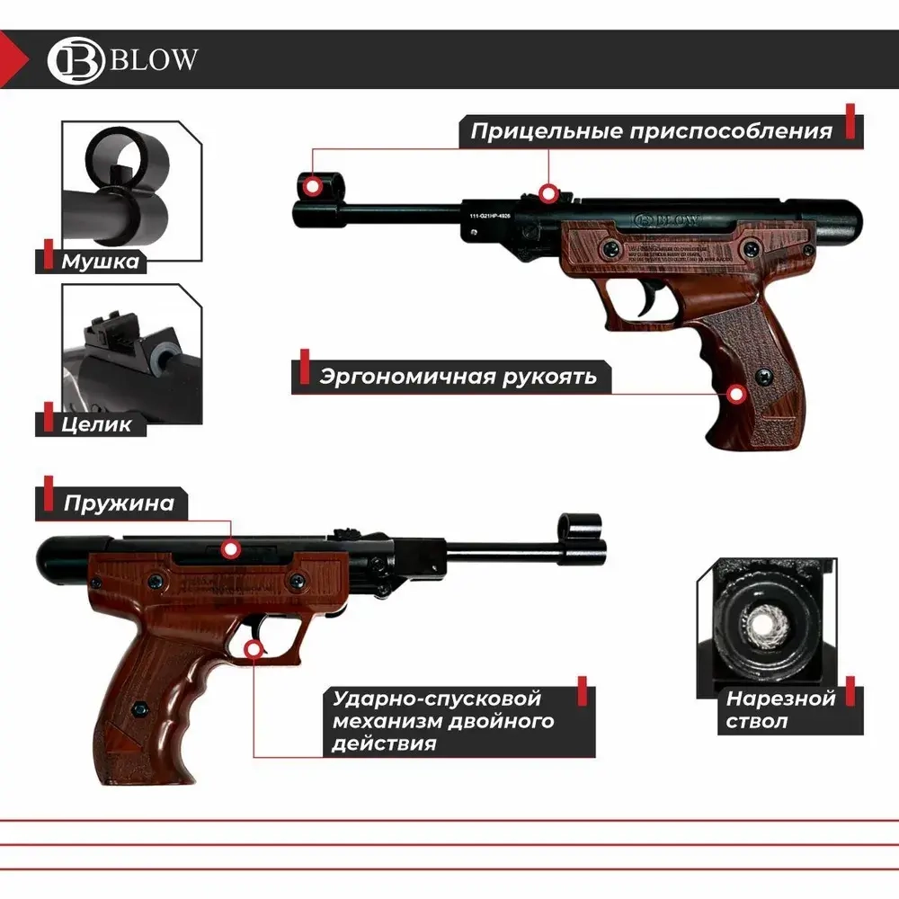Пистолет пневматический Blow H-01, кал. 4,5 мм (пластик имитация дерева)