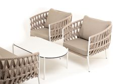 "Диего" лаунж-зона 4-местная плетеная из роупа (веревки), каркас алюминиевый белый, роуп бежевый