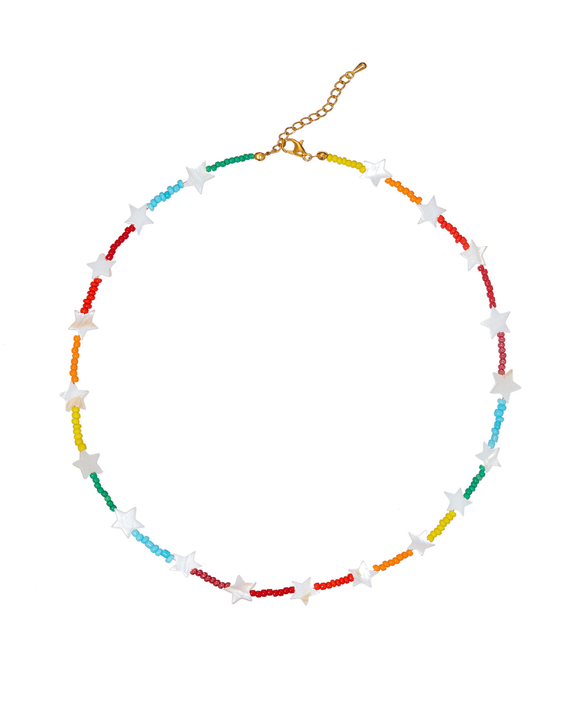Колье-маленькие перламутровые звезды, цветные вставки из бисера