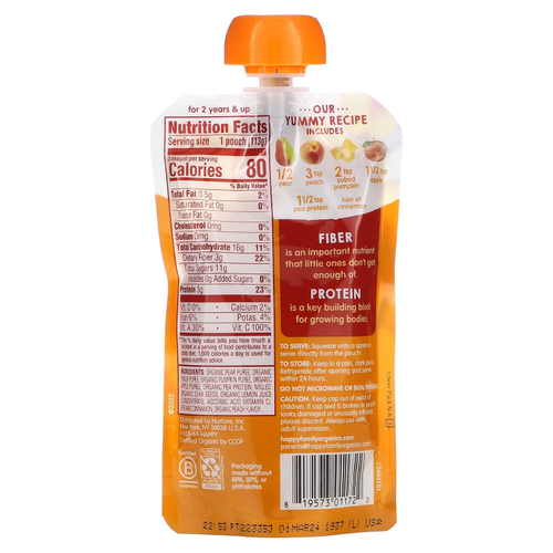 Happy Family Organics, Happy Tot®, клетчатка и протеин, для детей от 2 лет, органические груши, персики, тыква, яблоки и корица, 113 г (4 унции)
