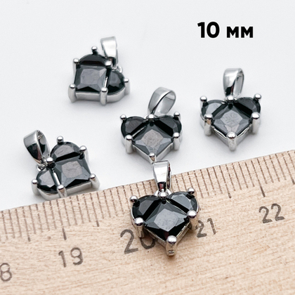 Подвеска Сердце, цвет серебро (родий)+черный, размер 10 мм, цена за 1 шт