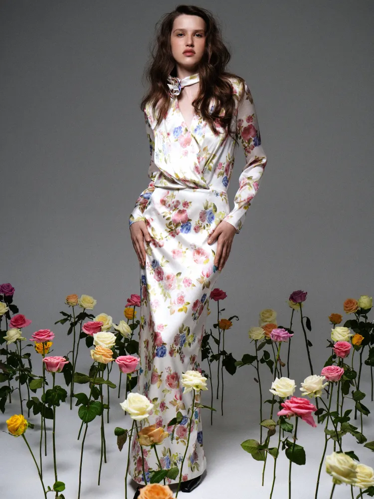 Жасмин макси (Jasmine maxi), платье макси из молочного атласа с цветочным принтом