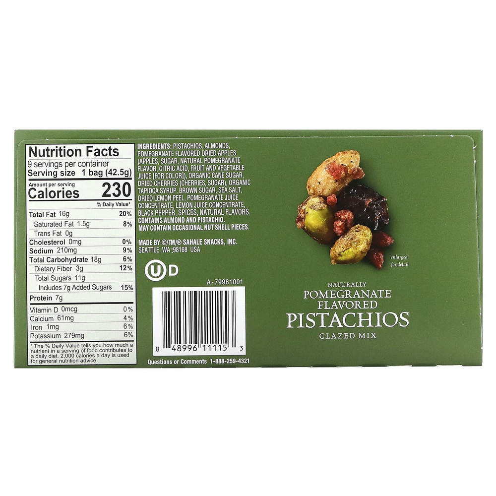 Sahale Snacks, Glazed Mix, фисташки со вкусом натурального граната, 9 пакетиков по 42,5 г (1,5 унции) каждый