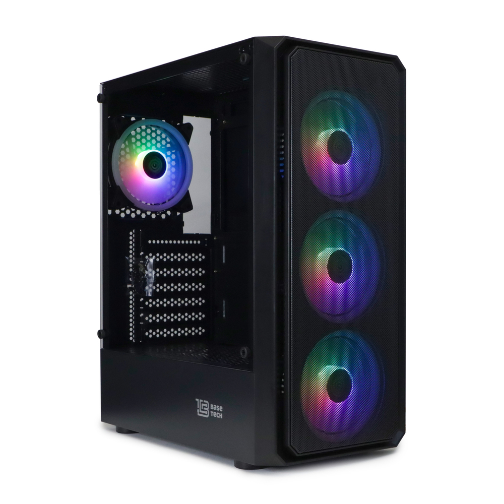 Корпус BaseTech eXtreme GFX-03, Без БП, ATX, чёрный, 4xARGB FAN, 2xUSB2, 1xUSB3, бок: закалённое стекло (BT-GFX-03-MESH-4F-ARGB)
