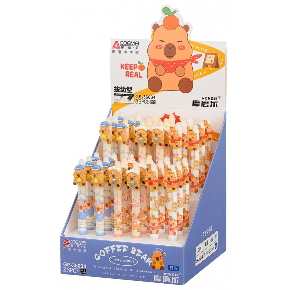 Ручка гелевая, пиши-стирай, автоматическая, Basir, синие чернила, серия "КАПИБАРА", с игрушкой на корпусе