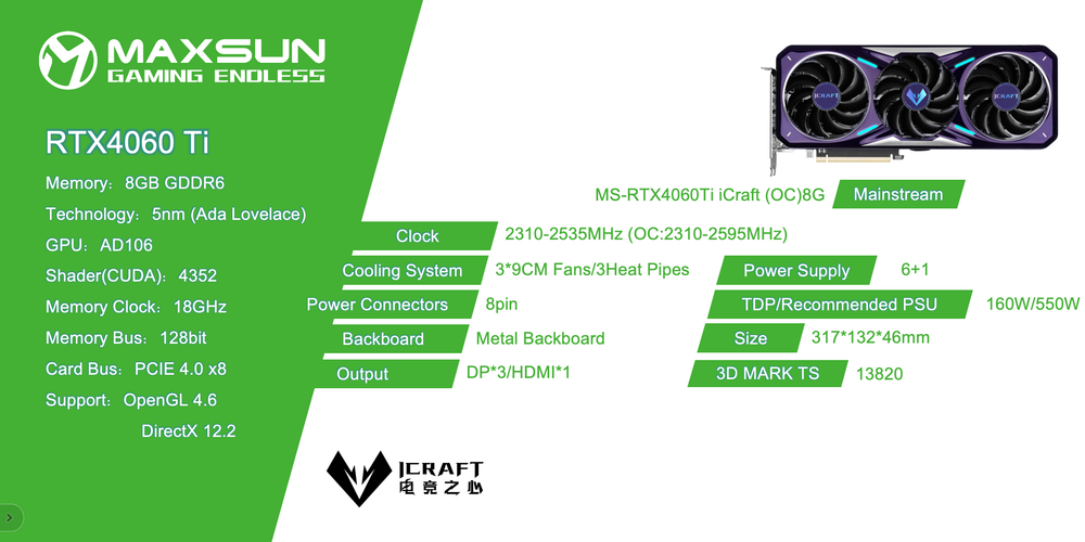 Видеокарта Maxsun MS-RTX4060Ti (iCraft OC8G S0)