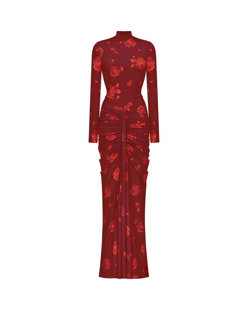 Иви макси (Ivy sleeves), платье макси из бордового бифлекса с цветочным принтом