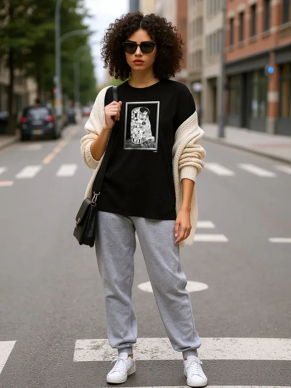 Футболка оверсайз с принтом и обрезной горловиной