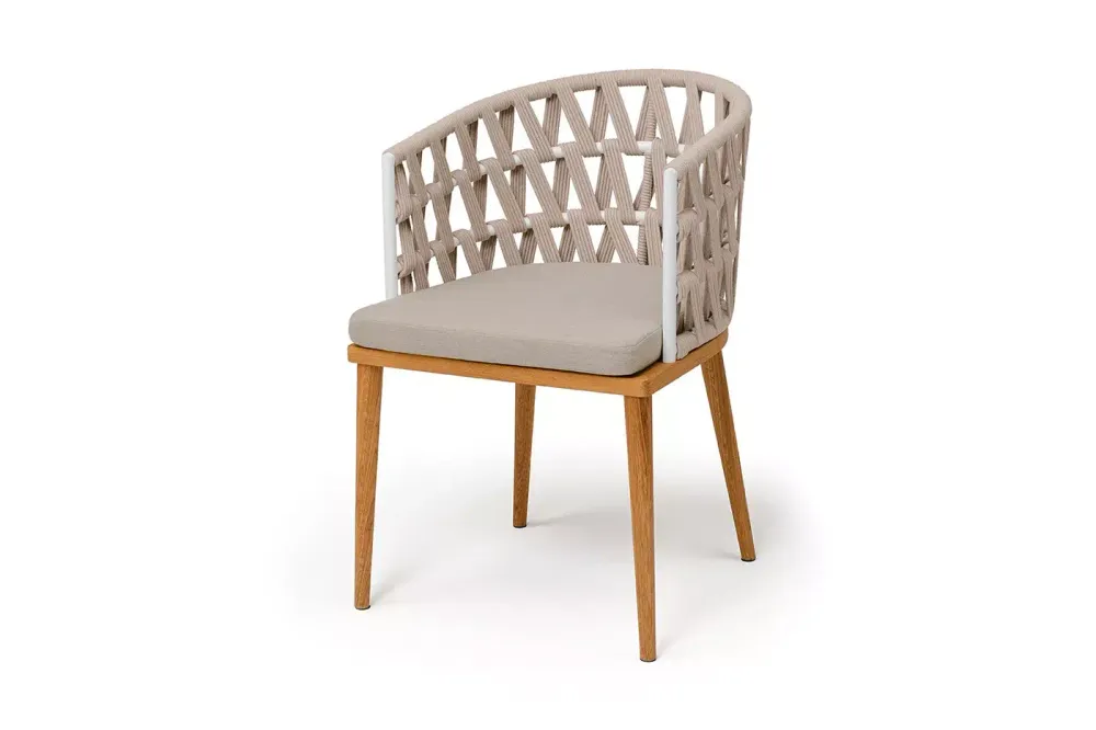 "Диего" стул плетеный из роупа, основание дуб каркас из стали белый муар, роуп бежевый круглый, ткань бежевая 052