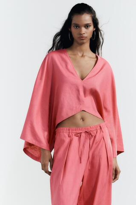 ZARA КИМОНО АСИММЕТРИЧНОГО КРОЯ ИЗ СМЕСОВОГО ЛЬНА, ЯРКО-РОЗОВЫЙ