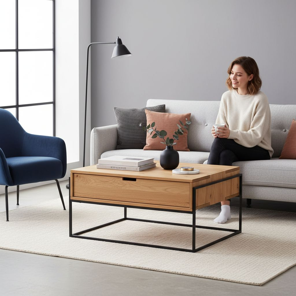 Журнальный столик 65х65х45, G+K, с ящиком для вещей, кофейный стол, массив дикого дуба, в стиле лофт, Makosa