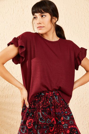 Qadın üçün qolu fırfırlı bordo köynək  10051015