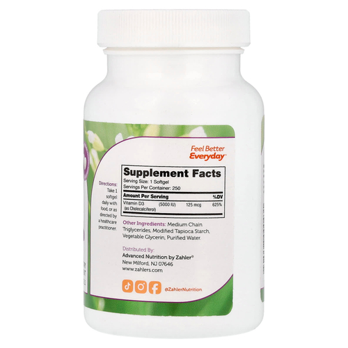 Zahler, витамин D3, улучшенный витамин D3, 250 мягких таблеток (125 мкг (5000 МЕ) в 1 мягкой таблетке)