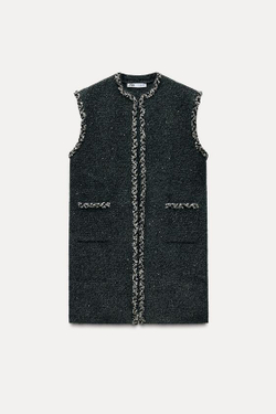 ZARA ТРИКОТАЖНЫЙ ЖИЛЕТ С ПАЙЕТКАМИ И ТЕСЬМОЙ, ТЕМНО-СЕРЫЙ