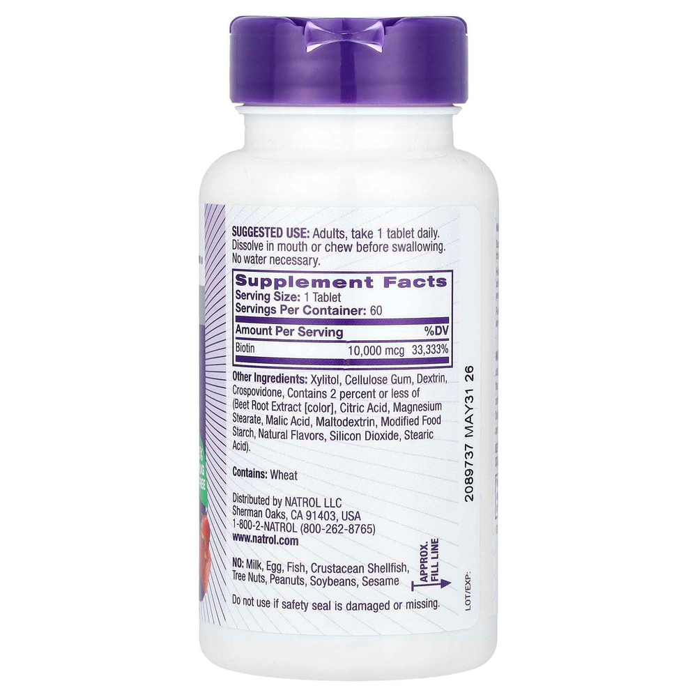 Natrol, быстрорастворимый биотин, максимальная эффективность, клубника, 10 000 мкг, 60 таблеток