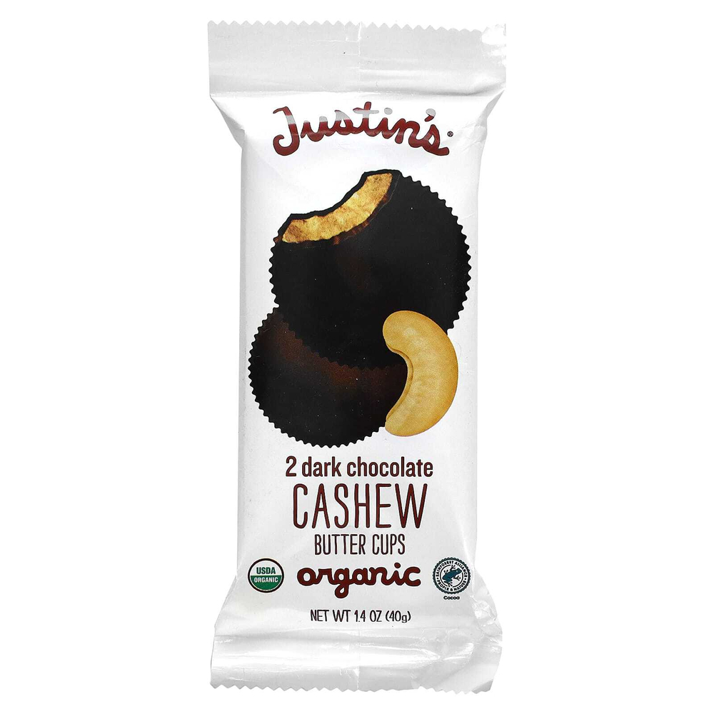 Justin's Nut Butter, сладости с органическим темным шоколадом и пастой из кешью, 2 шт., 40 г (1,4 унции)