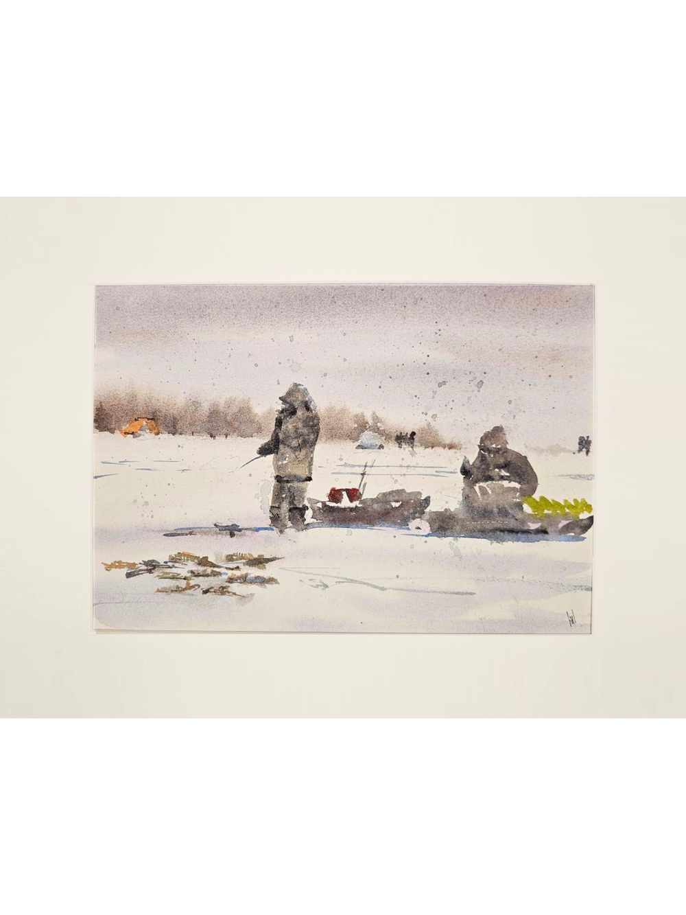 Картина авторская акварельная в паспарту 30х40 см на стену для интерьера "Зимняя рыбалка"