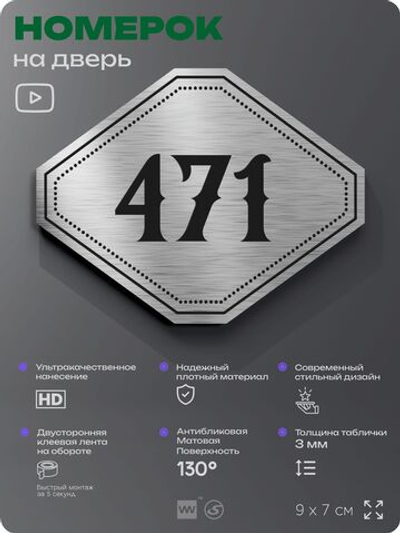 Номерок на дверь квартиры 471, для кабинета, офиса, шильдик 9 х 7 см, брашированная сталь, Айдентика Технолоджи