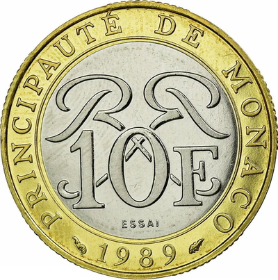 МОНАКО, 1989, 10 ФРАНКОВ [БИМЕТАЛЛ] [ПРОБНАЯ МОНЕТА (ESSAI)]