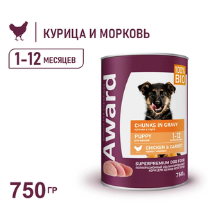 Влажный корм AWARD для щенков, кусочки с курицей и морковью