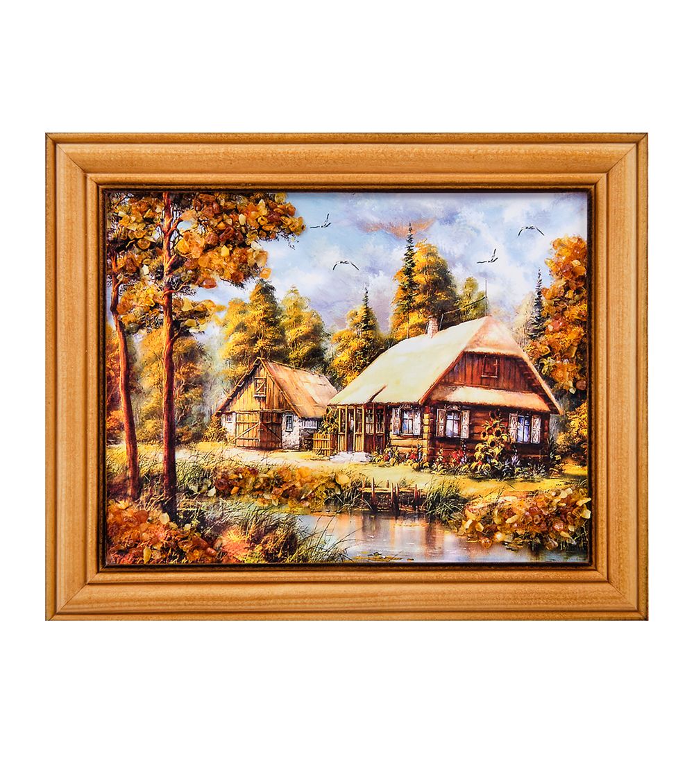 AMB-74/16 Картина «Домик у озера» (с янтарной крошкой) дер.краш.рамка 12х15