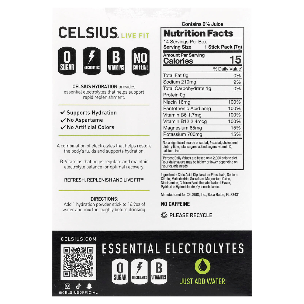 Celsius, Live Fit, увлажнение, незаменимые электролиты, без кофеина, лимон и лайм, 14 стиков в виде порошка для увлажнения, по 7,41 г (0,26 унции)