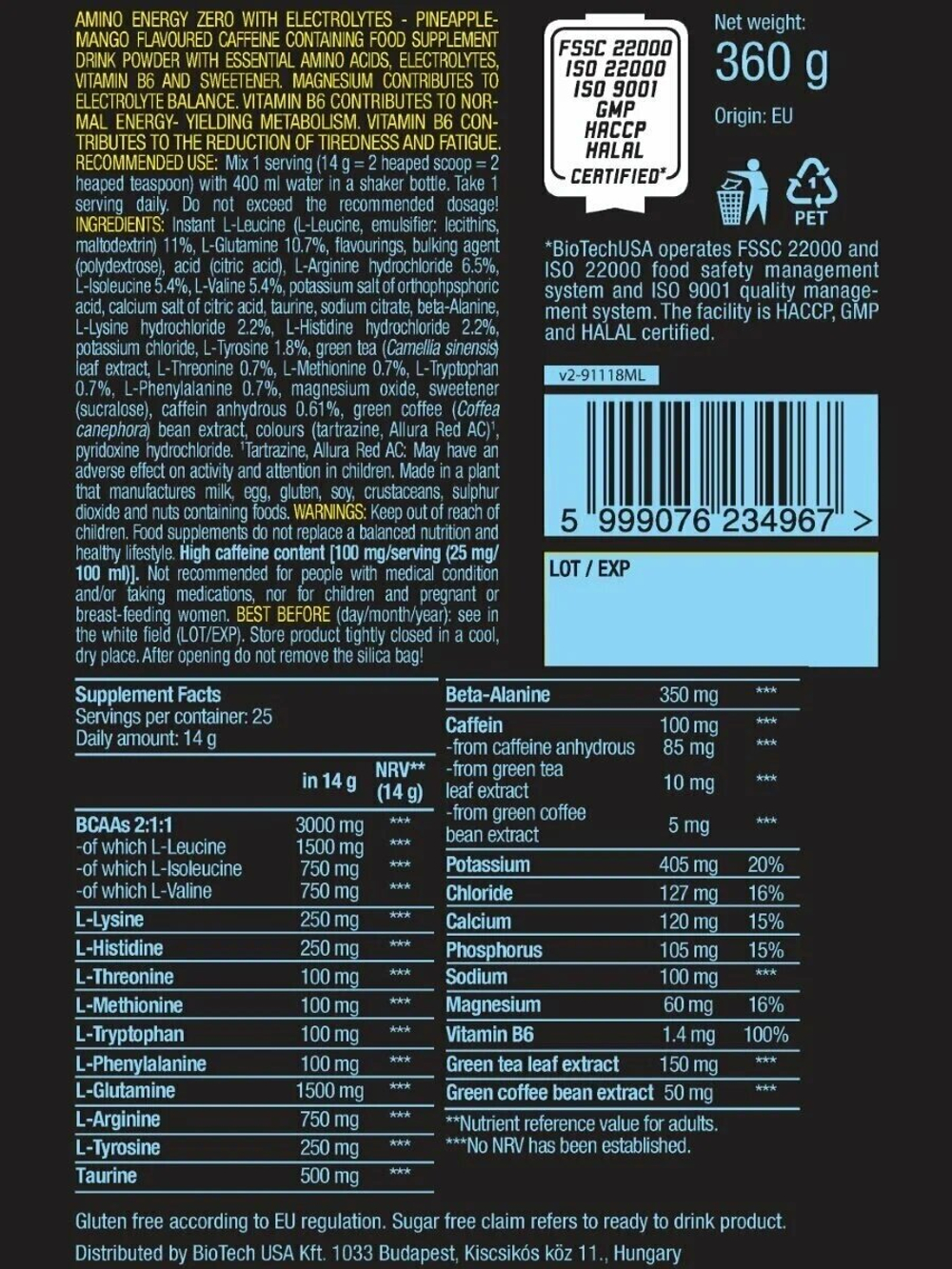 Аминокислота BioTechUSA Amino Energy Zero 360 г ананас-манго