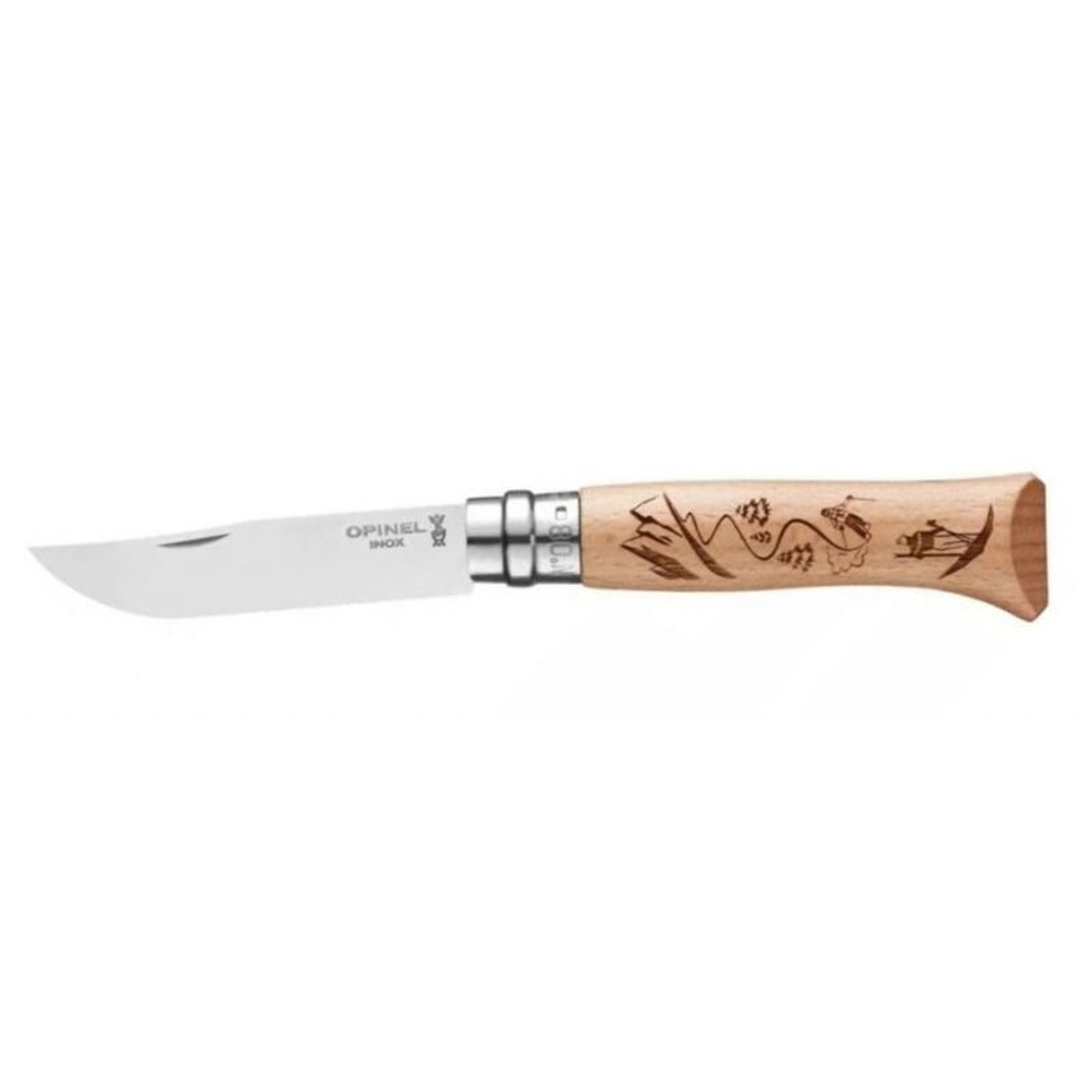 Нож Opinel №8 Alpine adventures, нержавеющая сталь, рукоять дуб, гравировка лыжи, 002188