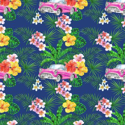 Ретро машина, пальмовые листья и тропические цветы