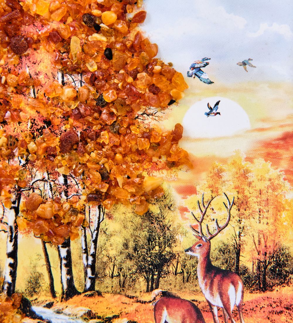 AMB-74/ 1 Картина «Олени у реки» (с янтарной крошкой) дер.краш.рамка 12х15