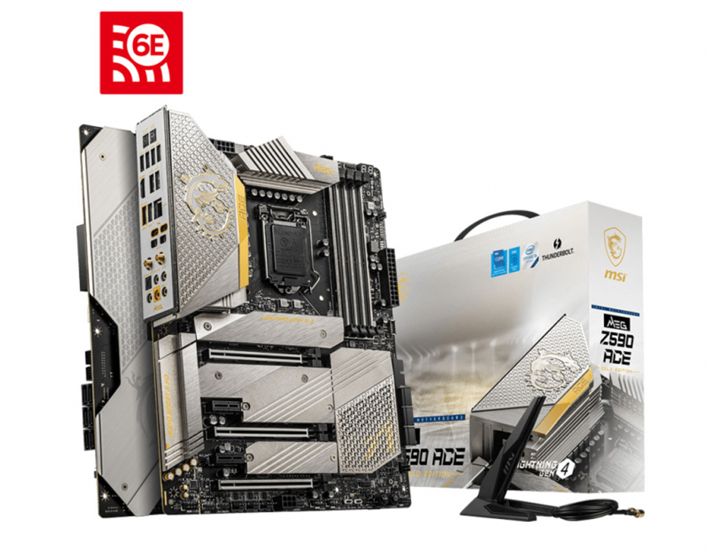 Материнская плата MSI MEG Z590 ACE GOLD EDITION Socket 1200, Intel Z590, 4xDDR4, 3xPCI-E 4.0, 2500 Мбит/с, Wi-Fi, Bluetooth, 4xUSB 3.2 Gen1, 2xUSB 3.2 Gen2, HDMI, 2xmini DisplayPort, 2xThunderbolt 4/USB-C, ATX