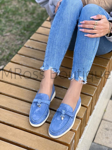 Замшевые лоферы Loro Piano люкс класса голубого цвета