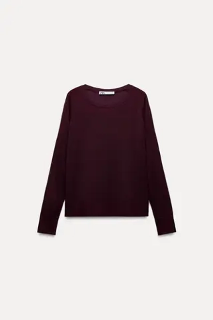ZARA БАЗОВЫЙ ДЖЕМПЕР ИЗ ТОНКОГО ТРИКОТАЖА, ЦВЕТ БУРГУНДСКОГО ВИНА