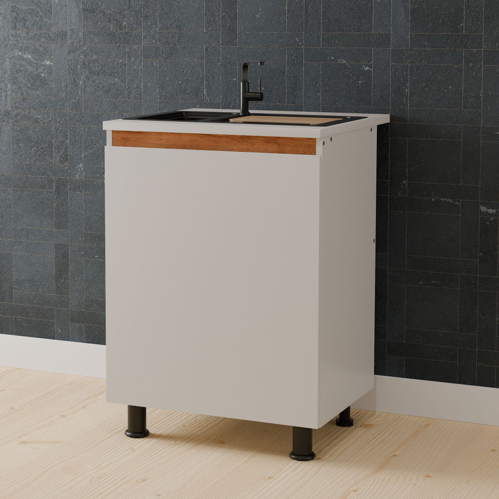 Кухонный модуль напольный под мойку 60 см Валенсия со столешницей, с дубовой панелью, на ножках / белый, массив дуба