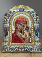 Казанская БМ, икона арочная с рамкой, красное дерево, эмаль 167х228
