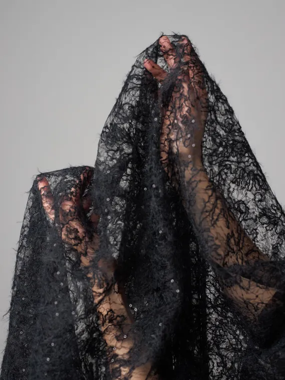 Гипюр кружевной с вышивкой "веревочка" и пайетками, арт.30, Китай, черный