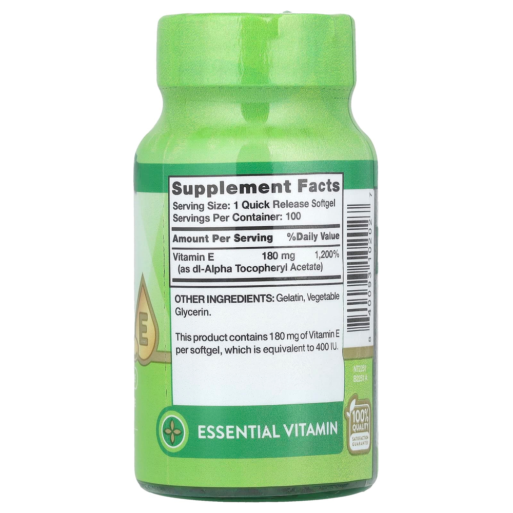 Nature's Truth, Витамин E, высокая эффективность, 180 мг (400 МЕ), 100 капсул быстрого высвобождения