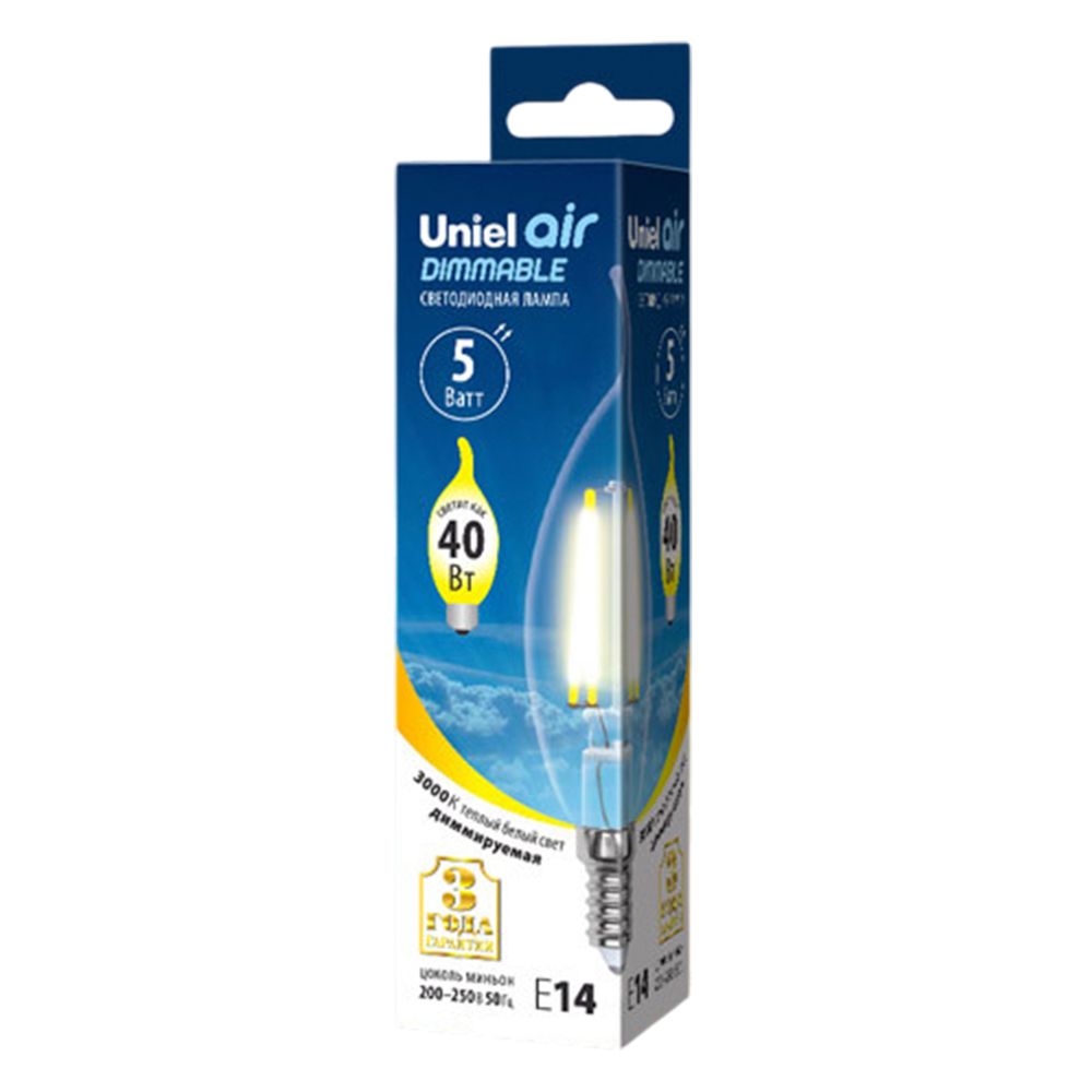 LED-CW35-5W-WW-E14-CL-DIM GLA01TR Лампа светодиодная диммируемая. Форма свеча на ветру. прозрачная. Серия Air. Теплый белый свет 3000K. Картон. ТМ Uniel