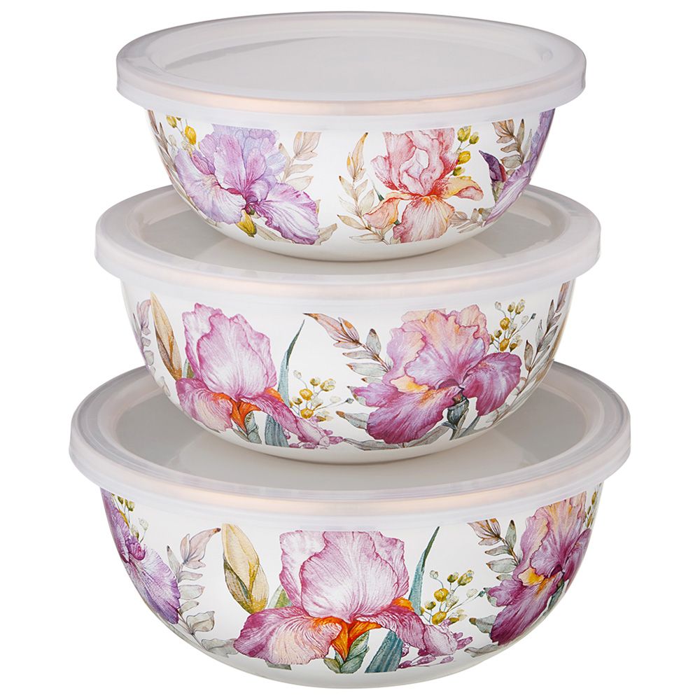 НАБОР МИСОК LEFARD ЭМАЛИРОВАН. С ПЛАСТИК.КРЫШКАМИ, СЕРИЯ IRISES 6ПР. 14/16/18СМ, 0,6/0,9/1,3Л