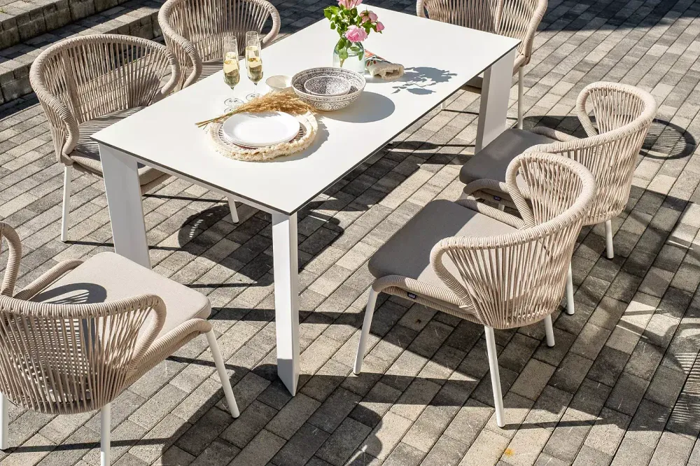 "Венето" обеденная группа на 6 персон со стульями "Милан", каркас белый, роуп бежевый