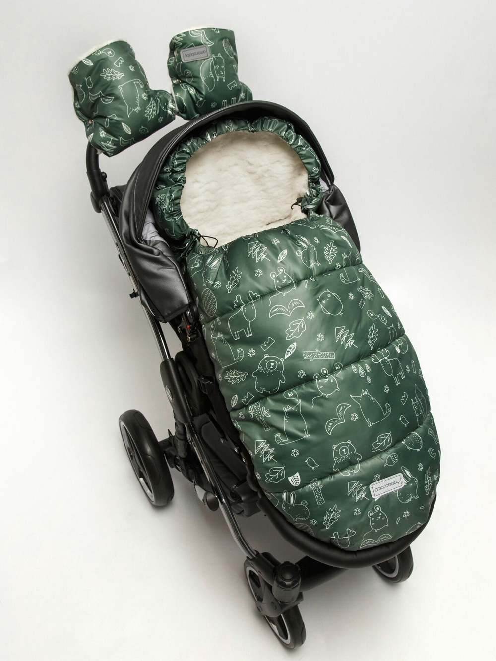 Конверт зимний меховой AMAROBABY Snowy Travel Зверята, хаки, 105 см.