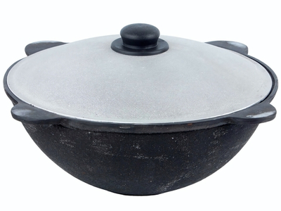 Казан 6л узбекский чугунный с алюминиевой крышкой, плоское дно (г.Наманган)