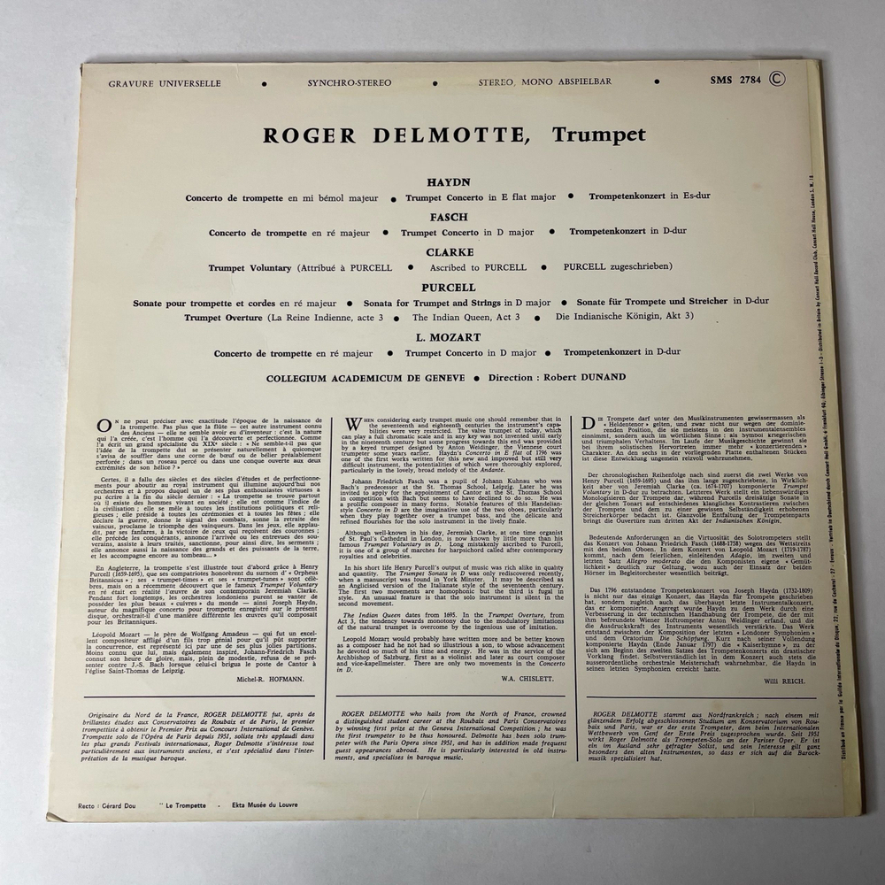 Винтажная виниловая пластинка LP Roger Delmotte, Collegium Academicum De Gen ve, Robert Dunand, Great Trumpet Concertos (Германия 1972)