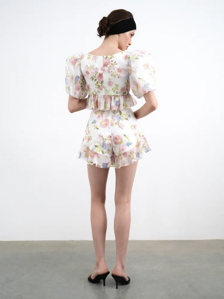 Одри (Audrie), шорты с рюшами из молочного шифона с цветочным принтом