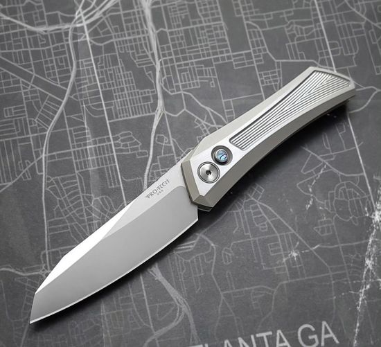 Нож автоматический Pro-Tech OLIGARCH CUSTOM 002 (2024 г.) - сталь CPM-MagnaCut, рукоять сталь, кнопка абалон, клипса титан