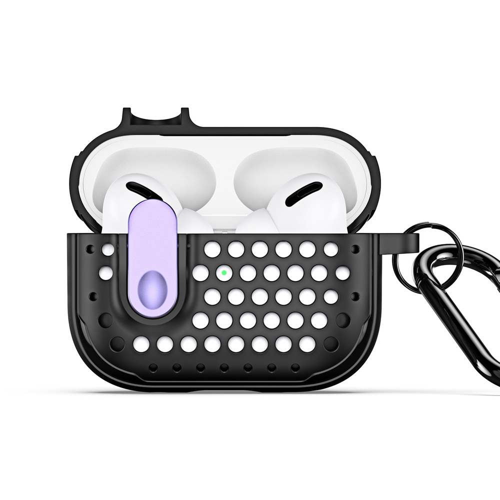 Усиленный чехол черного цвета с фиолетовой кнопкой от Dux Ducis для наушников Airpods Pro 2, серия PECM Series Case, в комплекте с карабином